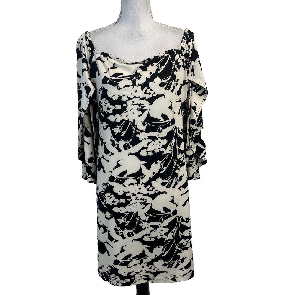 Le Mer Luxe Dress Women's Size L Black Floral Stretch Straight Knee Cottage Core
